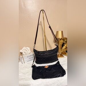 MZ Wallace Black Quilted Shoulder Bag with Dark Red Trim